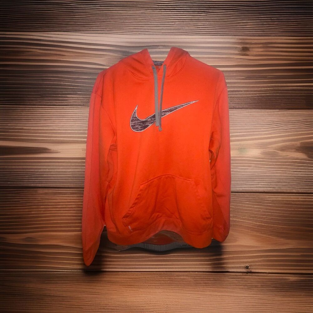 Nike Hoodie Mens Medium Therma Fit KO Swoosh Orange Gray Pullover Pocket